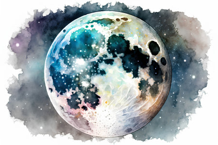 Space background with planets and stars. Hand drawn watercolor illustration.の素材