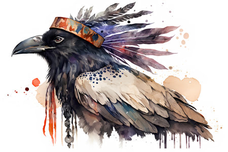 Watercolor illustration of a raven in a headdress with feathers.の素材