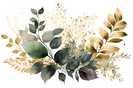 Beautiful vector watercolor floral bouquet with golden leaves and branchesの素材