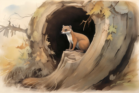 Watercolor illustration of a weasel in a hole in a treeの素材
