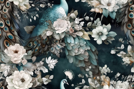 Seamless pattern with peacock and flowers. Watercolor illustrationの素材
