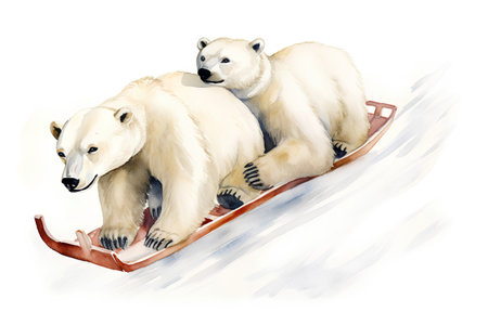 Two polar bears on a sled. Watercolor illustration isolated on white backgroundの素材