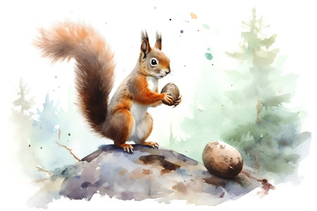 Watercolor squirrel with egg on the rock. Hand drawn illustration.の素材
