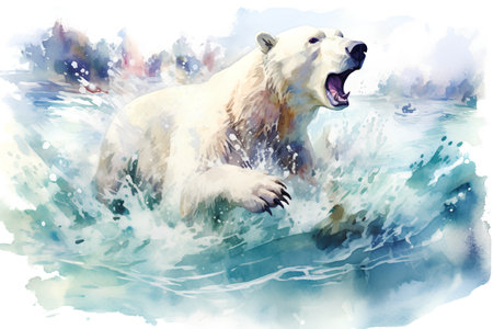 Polar bear swimming in the water. Watercolor illustration for your designの素材
