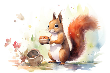 Watercolor squirrel with nut. Hand drawn illustration isolated on white backgroundの素材
