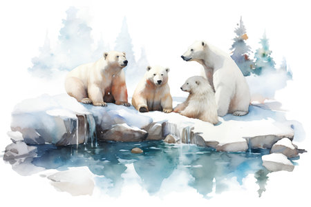 Watercolor illustration of polar bears on the ice. Watercolor illustration.の素材