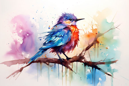 Watercolor bird on a branch. Hand drawn watercolor illustration.の素材