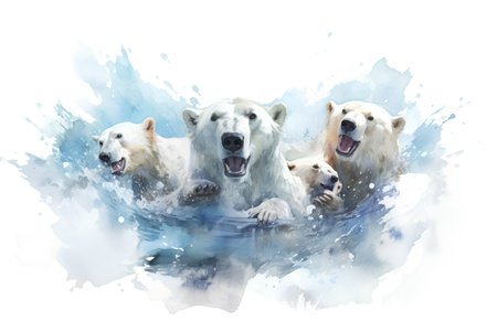 Watercolor illustration of three polar bears swimming in water with splashes.の素材