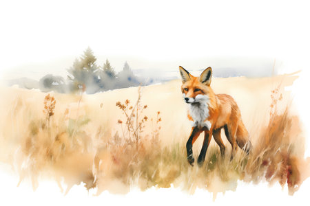 Watercolor illustration of a red fox standing in the meadow.の素材