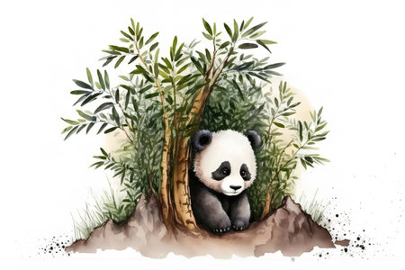 Watercolor illustration of panda sitting on the ground in bamboo forestの素材