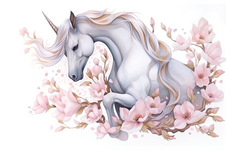 Beautiful white unicorn with pink flowers. Watercolor hand drawn illustrationの素材