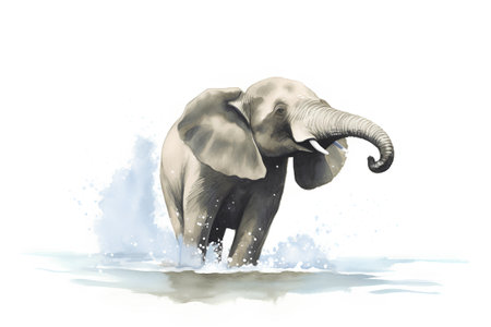 Watercolor illustration of an elephant in the water, isolated on white backgroundの素材