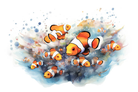 Clown anemone fish. Watercolor illustration on white backgroundの素材