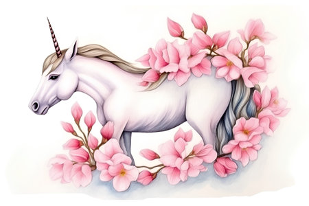 Illustration of a white unicorn surrounded by pink sakura flowers.の素材