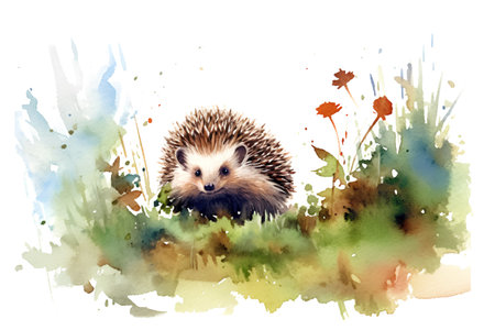 Hedgehog in the grass. Watercolor illustration on white backgroundの素材