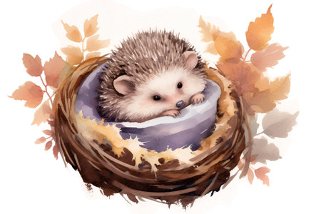 Watercolor hedgehog in a nest with autumn leaves. Illustrationの素材