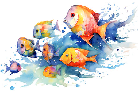 Watercolor fishes on a white background. Hand-drawn illustration.の素材