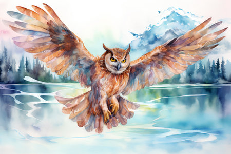 Watercolor illustration of an eagle owl flying over the lake. Watercolor illustration.の素材
