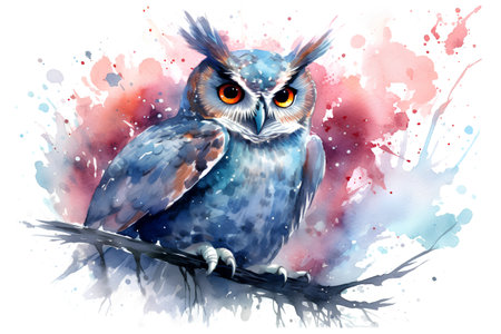 Beautiful watercolor illustration of an owl sitting on a branch.の素材