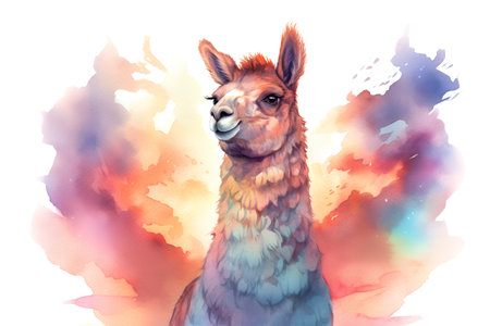Watercolor llama. Hand drawn llama illustration isolated on white background.の素材