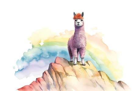 Watercolor llama on the mountain. Hand drawn llama illustrationの素材