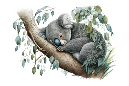 watercolor illustration of koala sleeping on eucalyptus branchの素材
