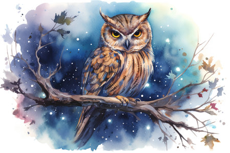 Beautiful watercolor illustration with an owl sitting on a tree branch.の素材