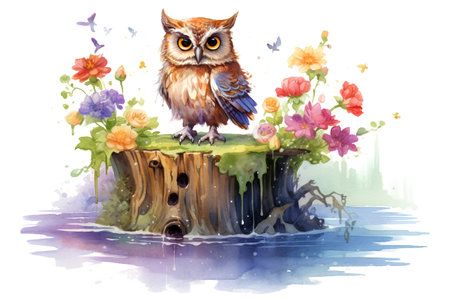 Beautiful watercolor illustration with a cute owl sitting on a stump.の素材