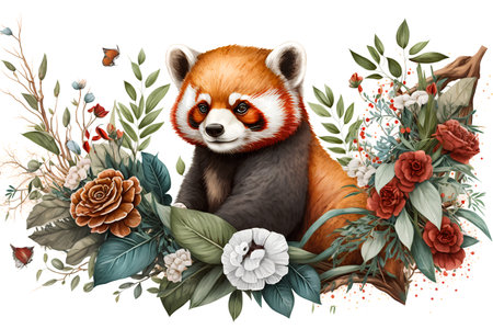 Cute red panda with flowers and butterflies. Vector illustration.の素材