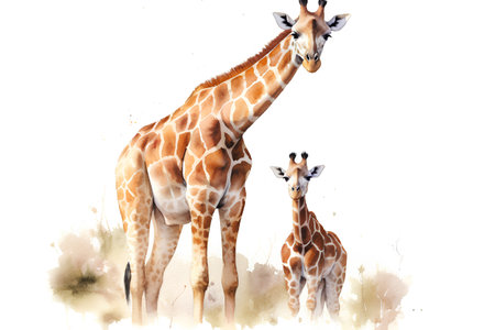 Watercolor giraffe family isolated on white background. Hand drawn illustrationの素材