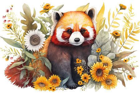 Beautiful watercolor illustration with cute red panda and autumn flowers.の素材