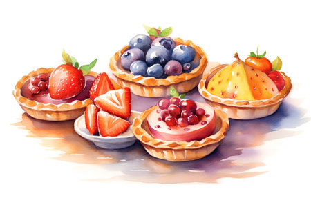 Watercolor illustration of fruit tartlets with cream and berries. Hand drawn berry tartlets.の素材