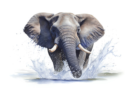 Elephant splashing water - isolated on white background - 3D illustrationの素材