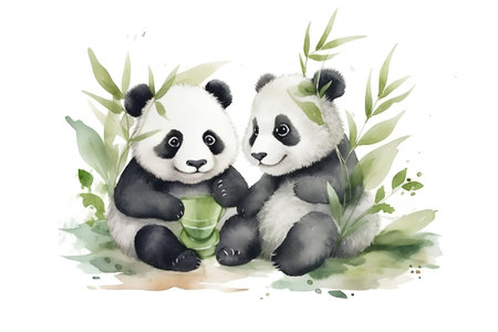 Cute panda bear with bamboo leaves. Watercolor illustration.の素材