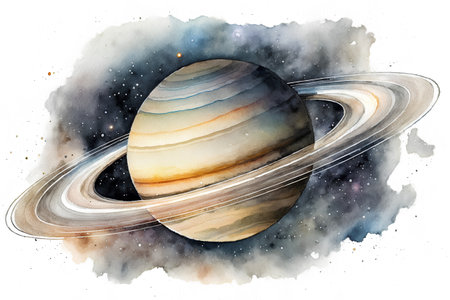 Watercolor illustration of planet Saturn in space with stars and galaxy.の素材