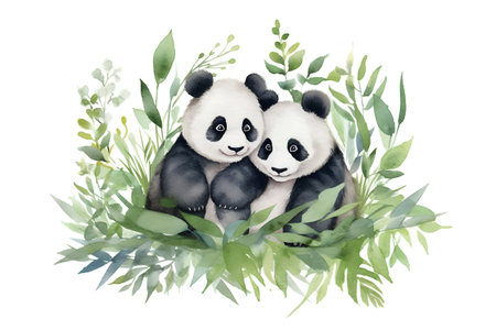 Watercolor illustration of cute panda family, mother and baby in bamboo leaves.の素材