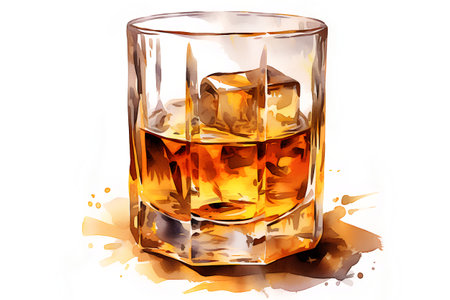 Whiskey glass with ice cubes isolated on white background. Watercolor hand drawn illustrationの素材