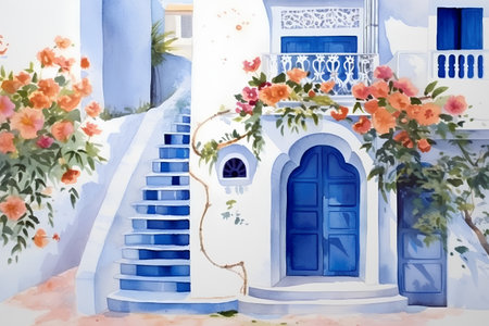 Santorini, Greece. Watercolor painting on paper.の素材