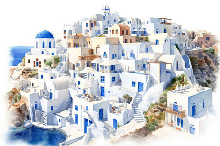 White architecture on Santorini island, Greece. Digital painting.の素材