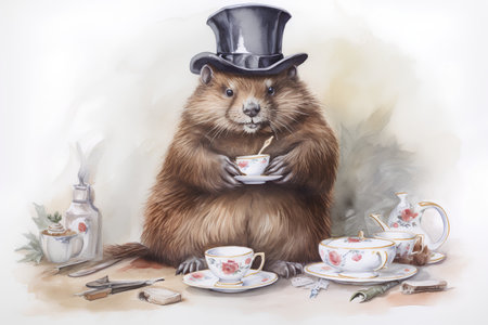 Cute rat in top hat with cup of tea. Watercolor illustrationの素材