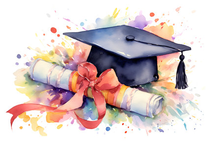 Watercolor graduation cap, diploma and ribbon. Hand drawn illustration isolated on white backgroundの素材