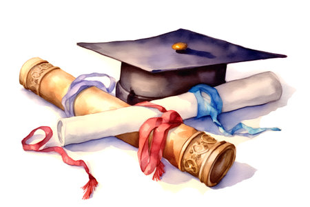 Graduation cap, diploma, scroll and diploma, watercolor illustrationの素材