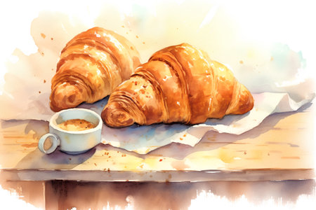 Coffee and croissants. Watercolor hand drawn illustrationの素材