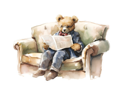 Watercolor teddy bear sitting on armchair and reading a book.の素材