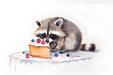 Watercolor illustration of a raccoon with a cake on a white backgroundの素材