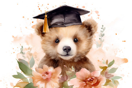 Watercolor portrait of a cute bear with graduation cap and flowers.の素材