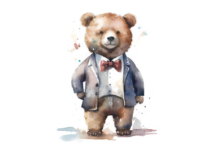 Watercolor illustration of a cute bear in a suit and bow tieの素材