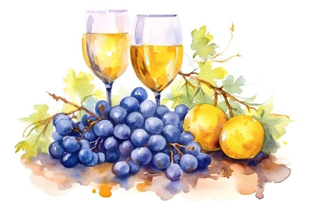 Watercolor illustration of two glasses of wine and grapes on a white backgroundの素材