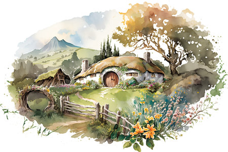 Watercolor illustration of a cottage in the meadow with flowers.の素材