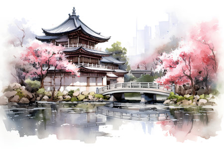 Watercolor painting of chinese traditional architecture in the park. Hand drawn illustrationの素材